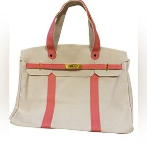 Boatkin Inspired Large Canvas Tote Bag with Pink Trim and gold hardware